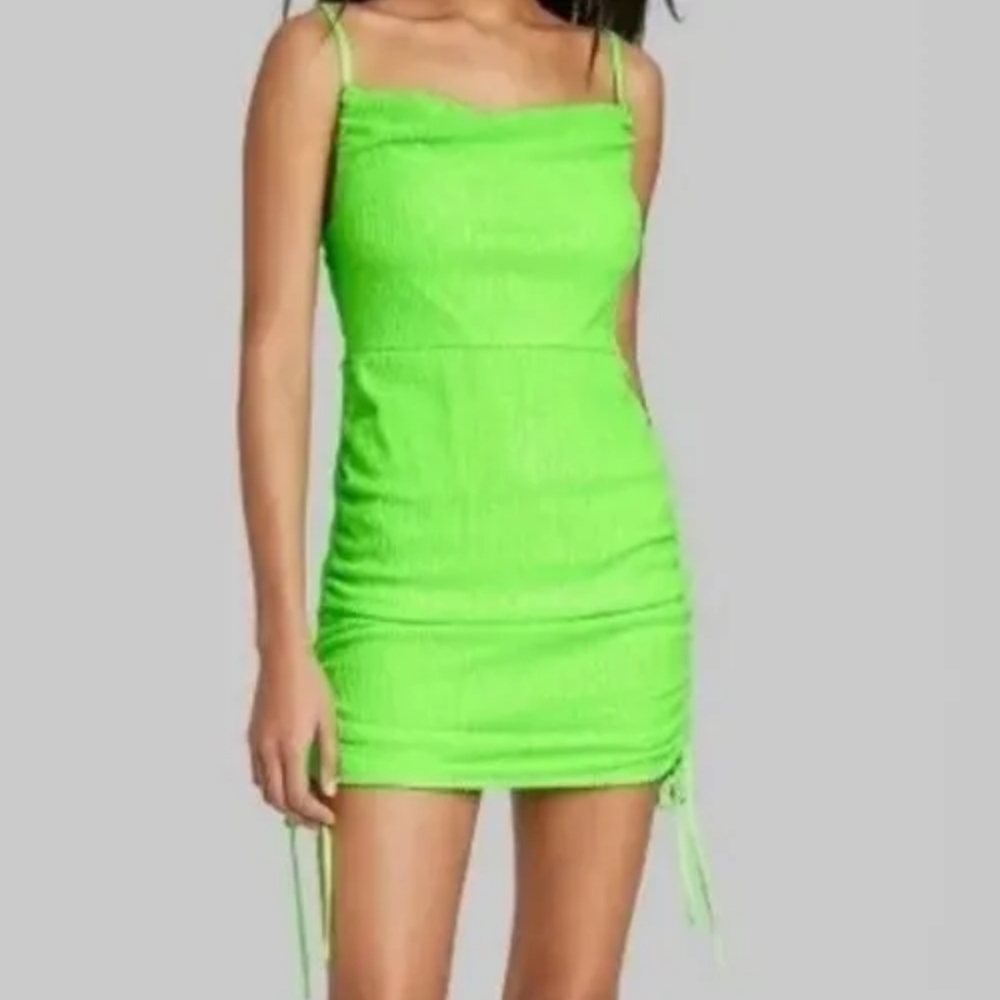 Wild Fable Dress Lime Neon Sequin Sleeveless Short Mini Dress Ruched Woman Med